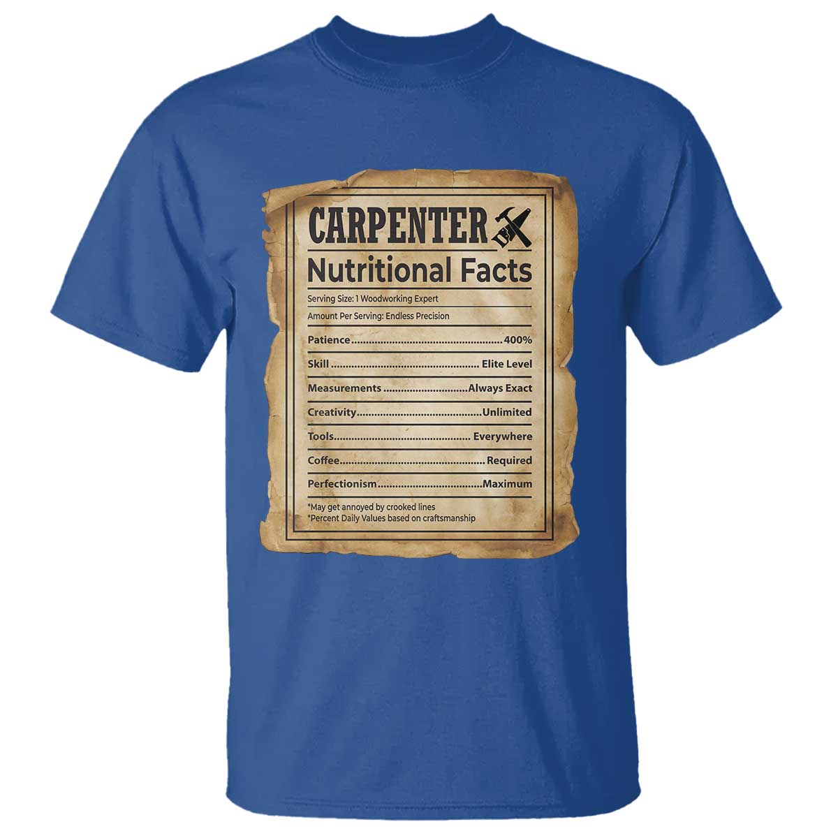 Woodworker Nutrition Label T Shirt Carpenter Nutritional Facts Graphic TS12 Royal Blue Print Your Wear