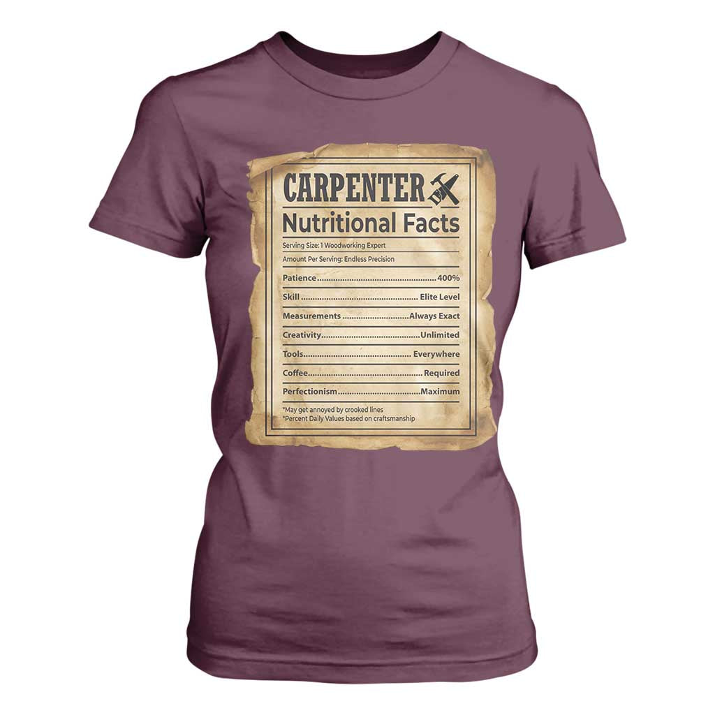Woodworker Nutrition Label T Shirt For Women Carpenter Nutritional Facts Graphic TS12 Maroon Print Your Wear