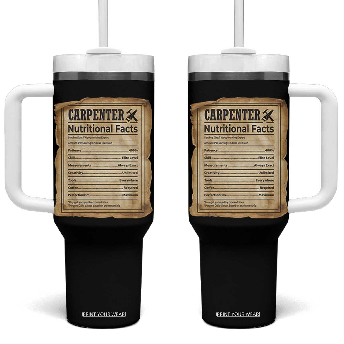 Woodworker Nutrition Label Tumbler With Handle Carpenter Nutritional Facts Graphic TS12 One Size: 40 oz Black Print Your Wear
