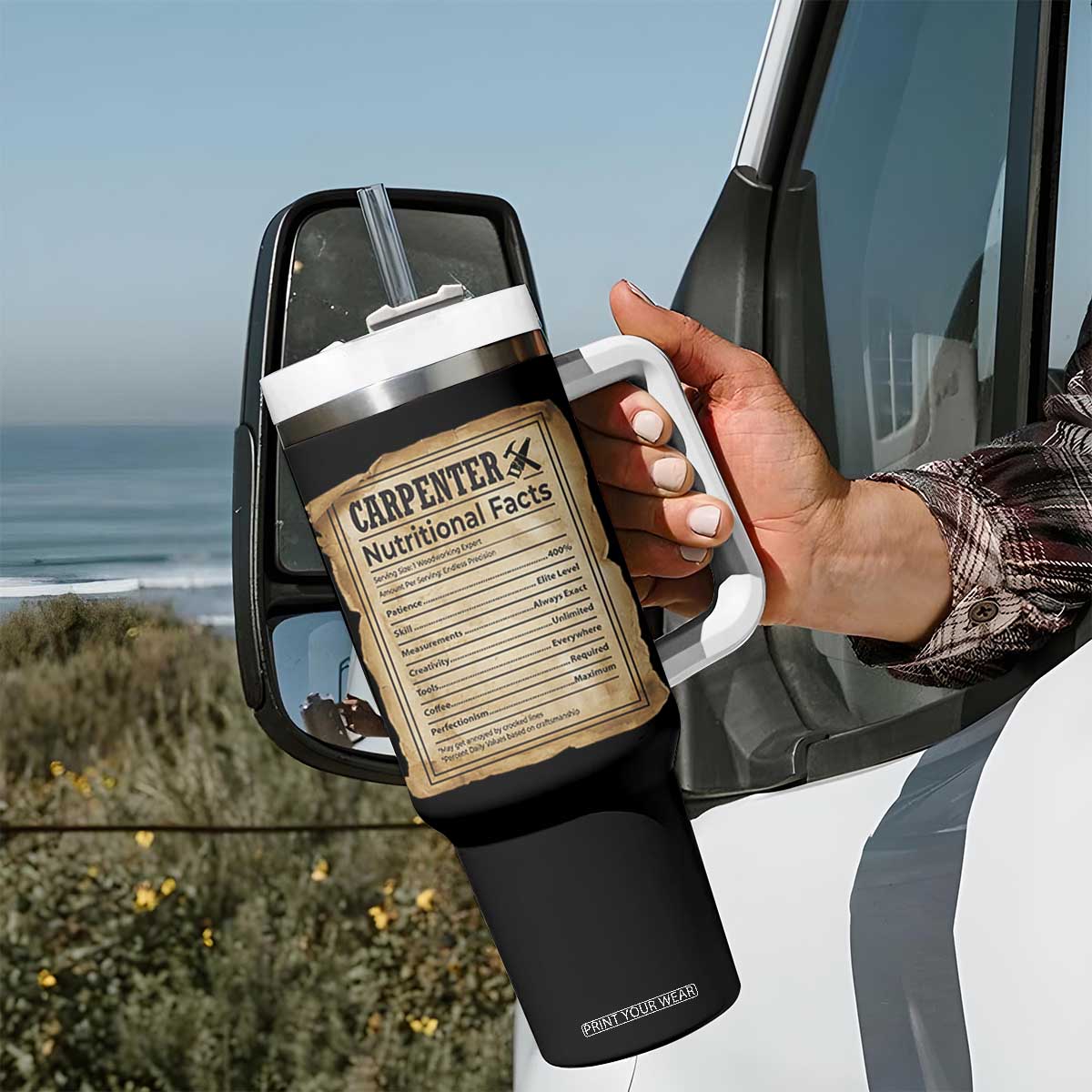 Woodworker Nutrition Label Tumbler With Handle Carpenter Nutritional Facts Graphic TS12 Print Your Wear