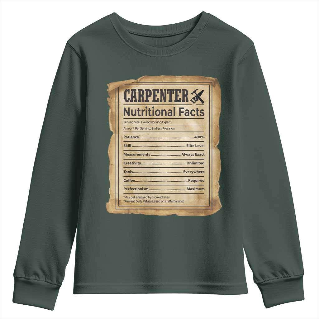 Woodworker Nutrition Label Youth Sweatshirt Carpenter Nutritional Facts Graphic