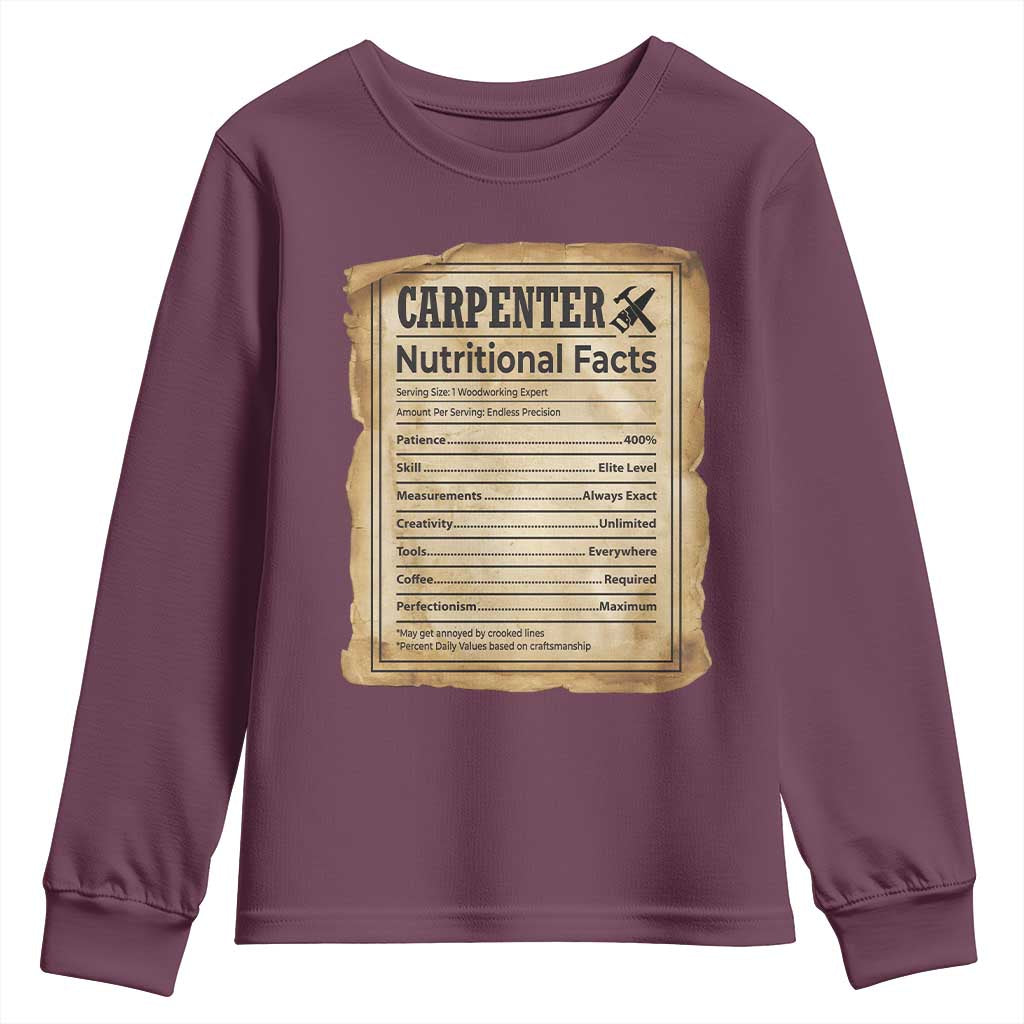Woodworker Nutrition Label Youth Sweatshirt Carpenter Nutritional Facts Graphic
