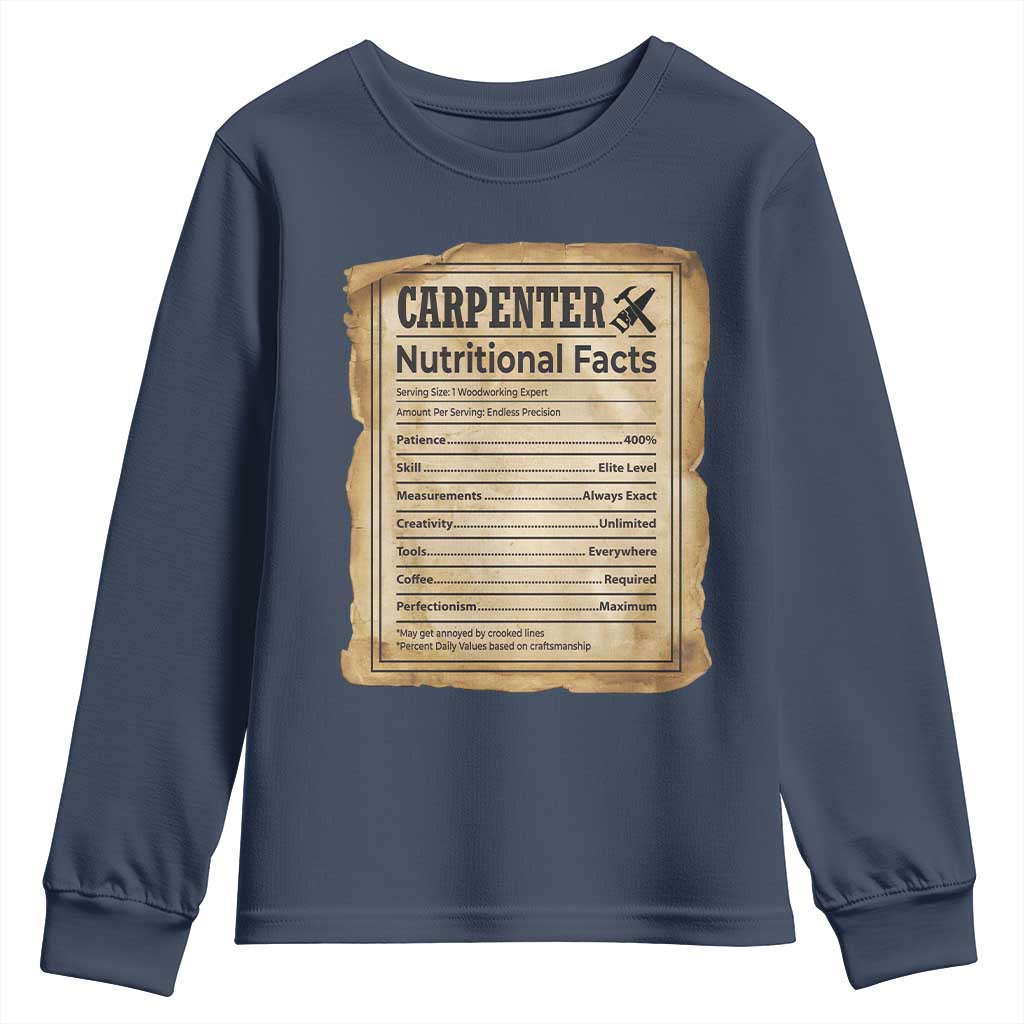 Woodworker Nutrition Label Youth Sweatshirt Carpenter Nutritional Facts Graphic
