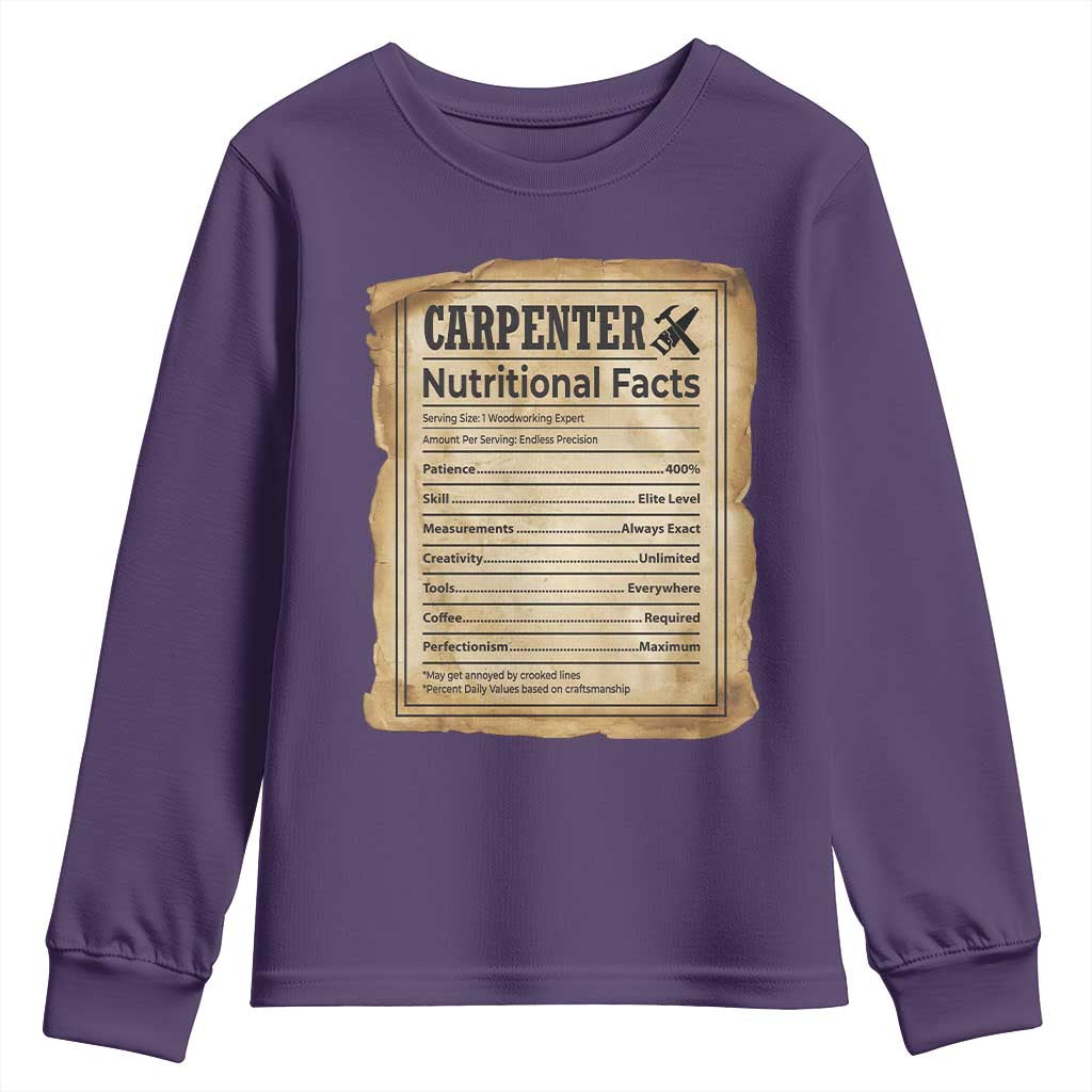 Woodworker Nutrition Label Youth Sweatshirt Carpenter Nutritional Facts Graphic
