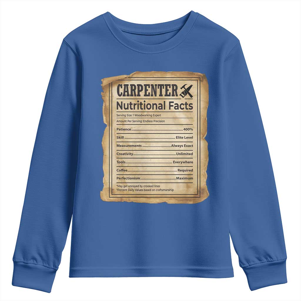 Woodworker Nutrition Label Youth Sweatshirt Carpenter Nutritional Facts Graphic