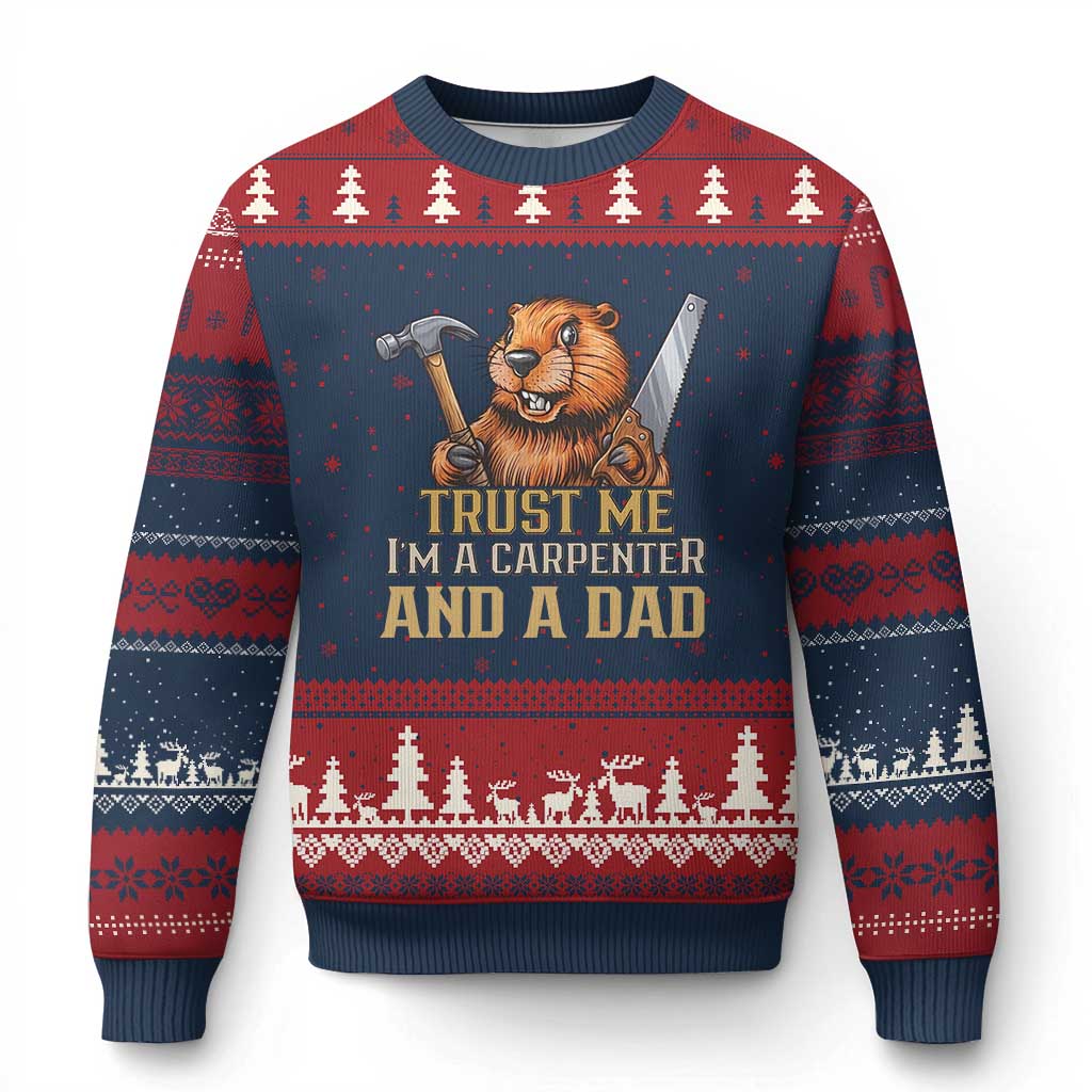 Funny Woodworking Beaver Ugly Christmas Sweater I Am A Carpenter And A Dad TS12 Navy Red Print Your Wear