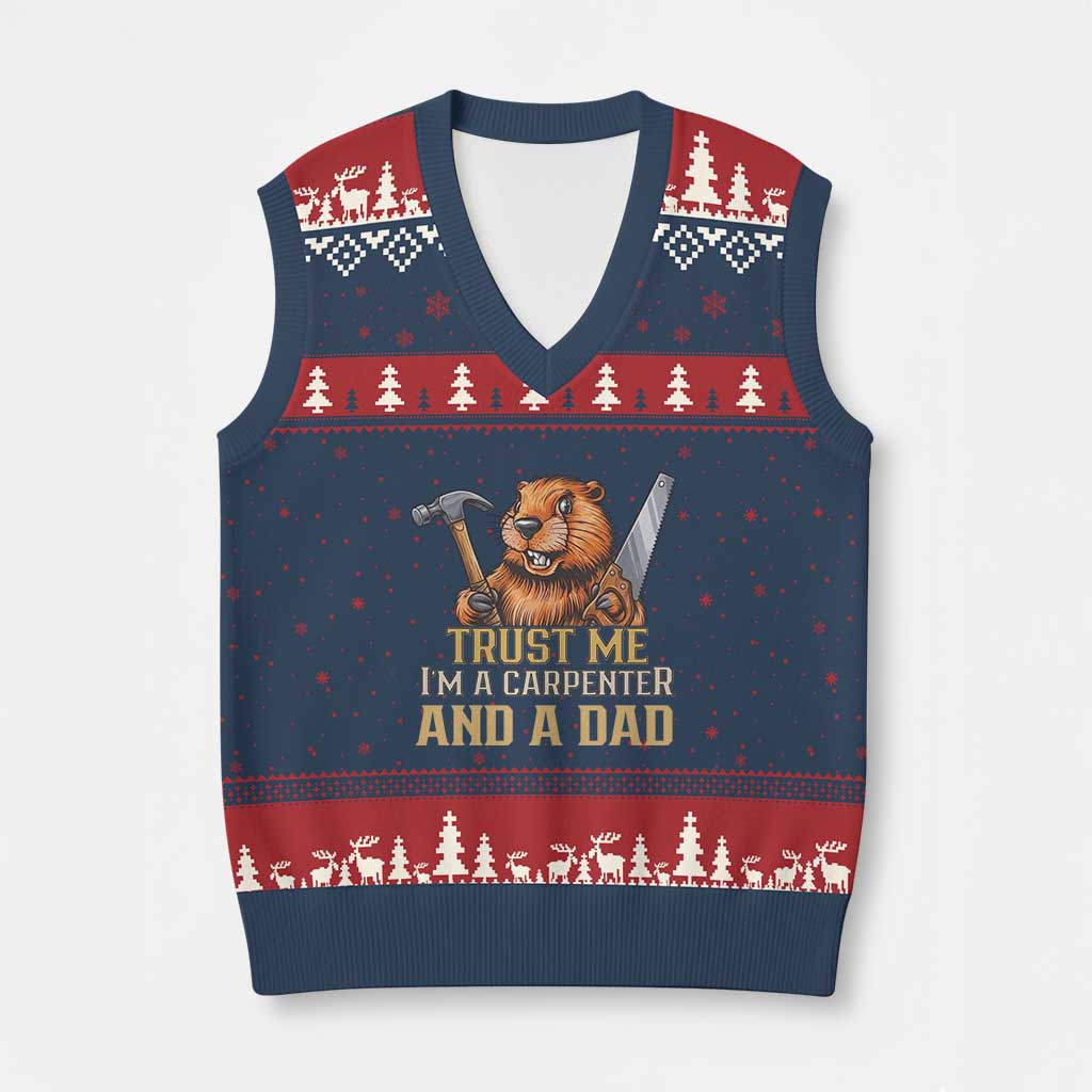 Funny Woodworking Beaver V-Neck Knit Sweater Vest I Am A Carpenter And A Dad TS12 Navy Red Print Your Wear