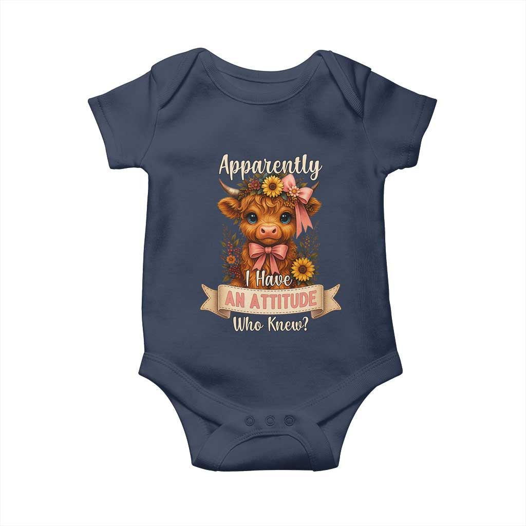 Apparently I Have An Attitude Who Knew Baby Onesie Funny Sarcasm Highland Cow TS12 Navy Print Your Wear