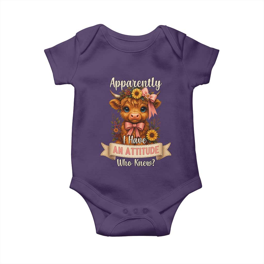 Apparently I Have An Attitude Who Knew Baby Onesie Funny Sarcasm Highland Cow TS12 Purple Print Your Wear