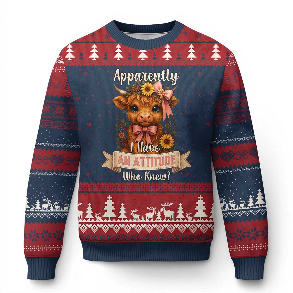 Apparently I Have An Attitude Who Knew Ugly Christmas Sweater Funny Sarcasm Highland Cow TS12 Navy Red Print Your Wear