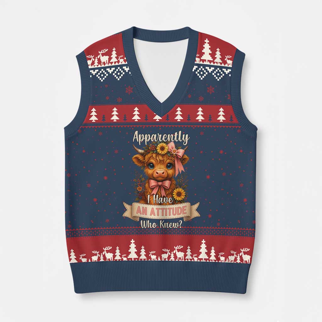 Apparently I Have An Attitude Who Knew V-Neck Knit Sweater Vest Funny Sarcasm Highland Cow TS12 Navy Red Print Your Wear