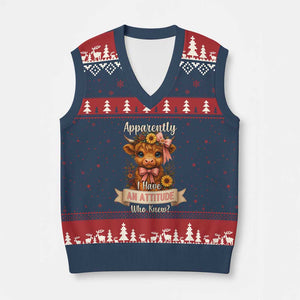 Apparently I Have An Attitude Who Knew V-Neck Knit Sweater Vest Funny Sarcasm Highland Cow TS12 Navy Red Print Your Wear