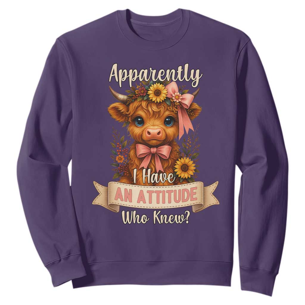 Apparently I Have An Attitude Who Knew Sweatshirt Funny Sarcasm Highland Cow TS12 Purple Print Your Wear