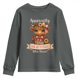 Apparently I Have An Attitude Who Knew Youth Sweatshirt Funny Sarcasm Highland Cow TS12 Dark Heather Print Your Wear