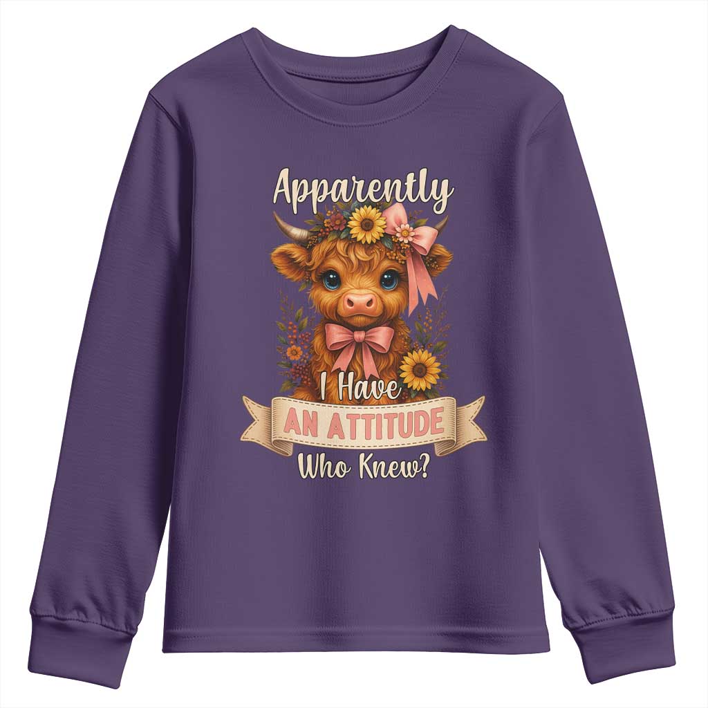 Apparently I Have An Attitude Who Knew Youth Sweatshirt Funny Sarcasm Highland Cow TS12 Purple Print Your Wear