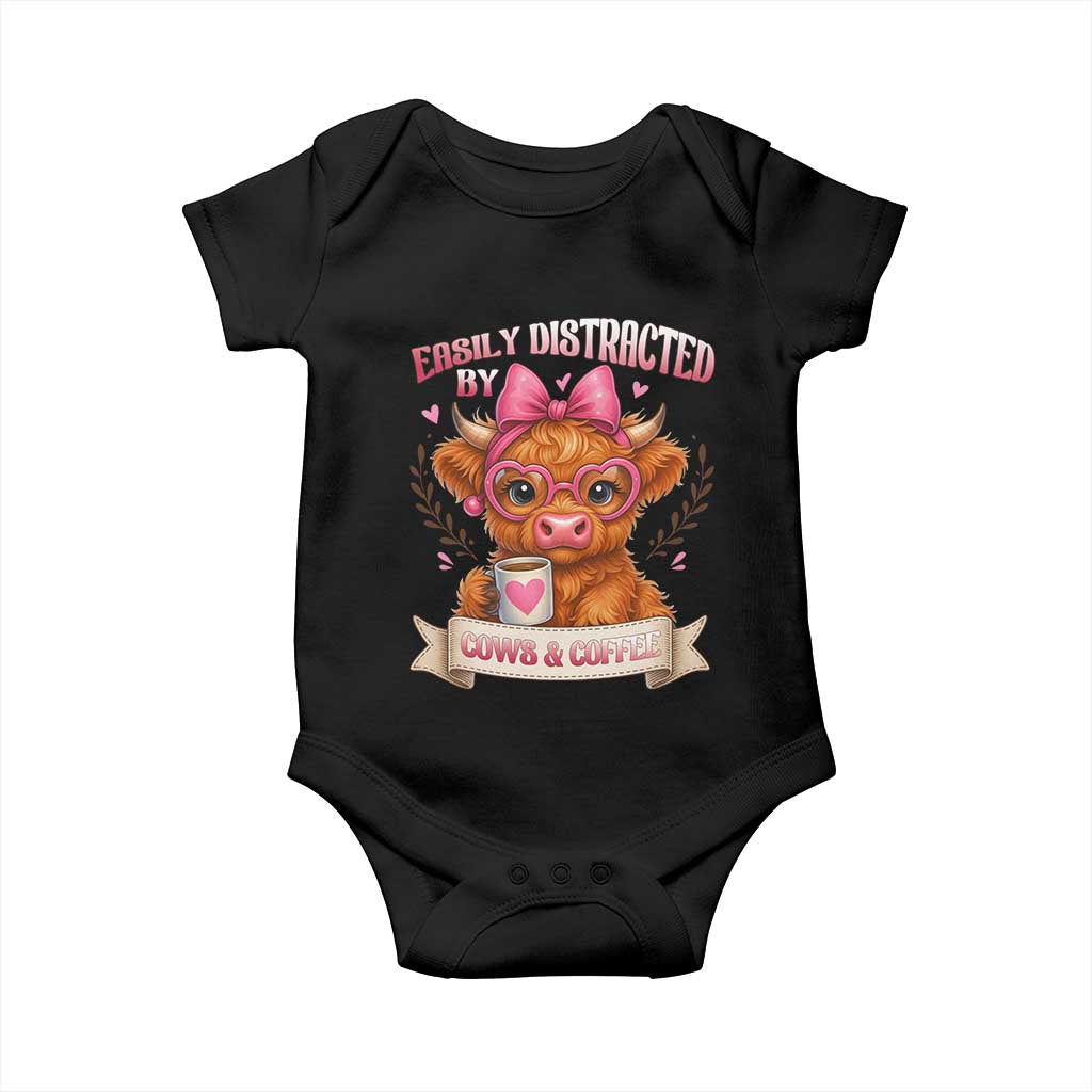 Easily Distracted By Cow And Coffee Baby Onesie Funny Highland Cow TS12 Black Print Your Wear
