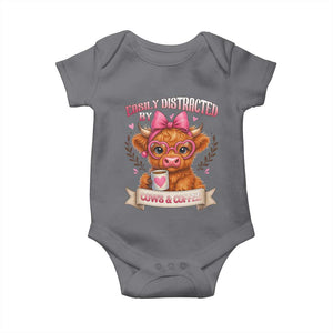 Easily Distracted By Cow And Coffee Baby Onesie Funny Highland Cow TS12 Charcoal Print Your Wear