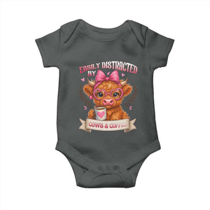 Easily Distracted By Cow And Coffee Baby Onesie Funny Highland Cow TS12 Dark Heather Print Your Wear