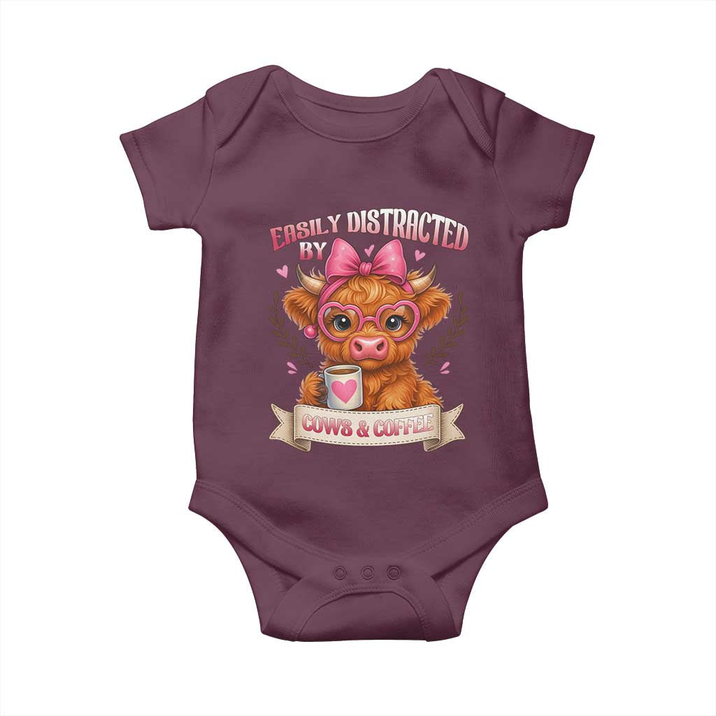 Easily Distracted By Cow And Coffee Baby Onesie Funny Highland Cow TS12 Maroon Print Your Wear