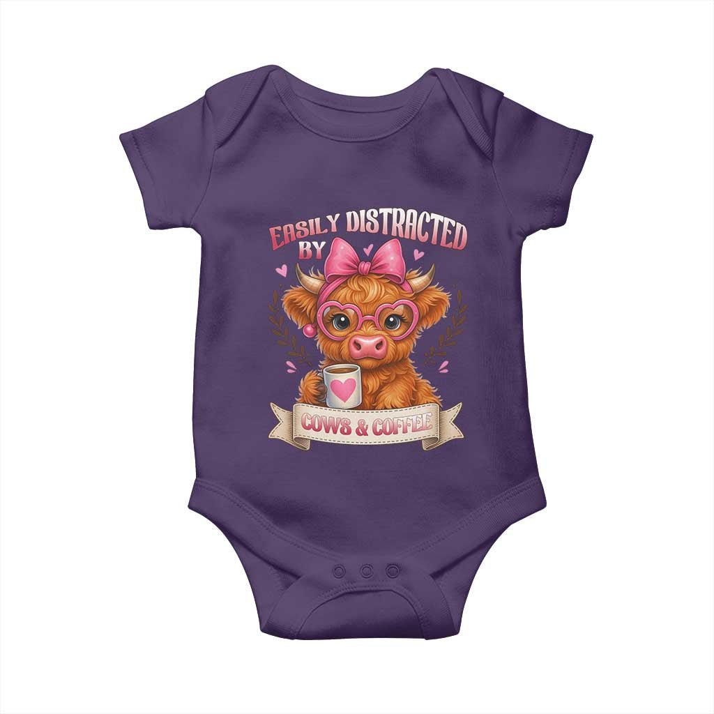 Easily Distracted By Cow And Coffee Baby Onesie Funny Highland Cow TS12 Purple Print Your Wear