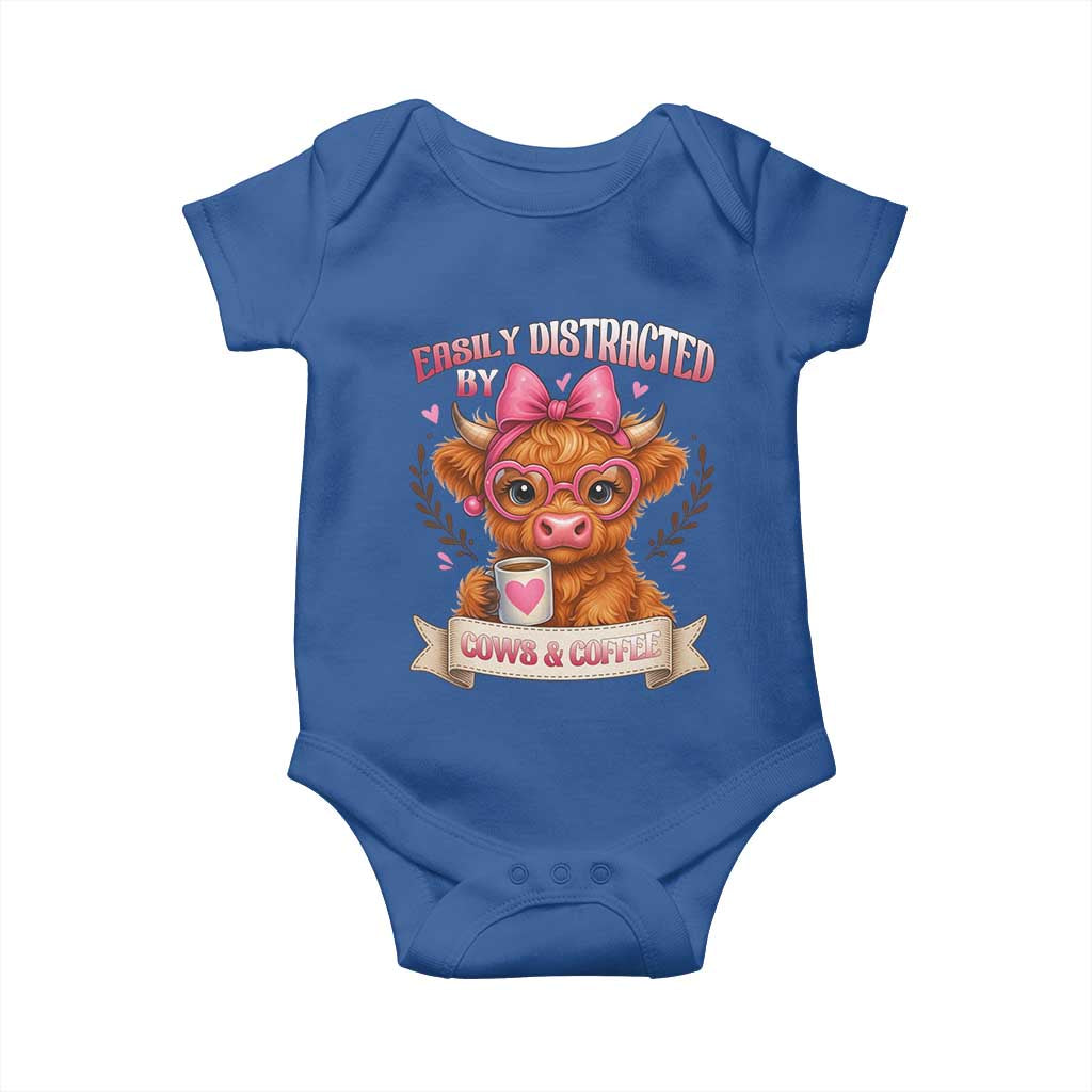 Easily Distracted By Cow And Coffee Baby Onesie Funny Highland Cow TS12 Royal Blue Print Your Wear