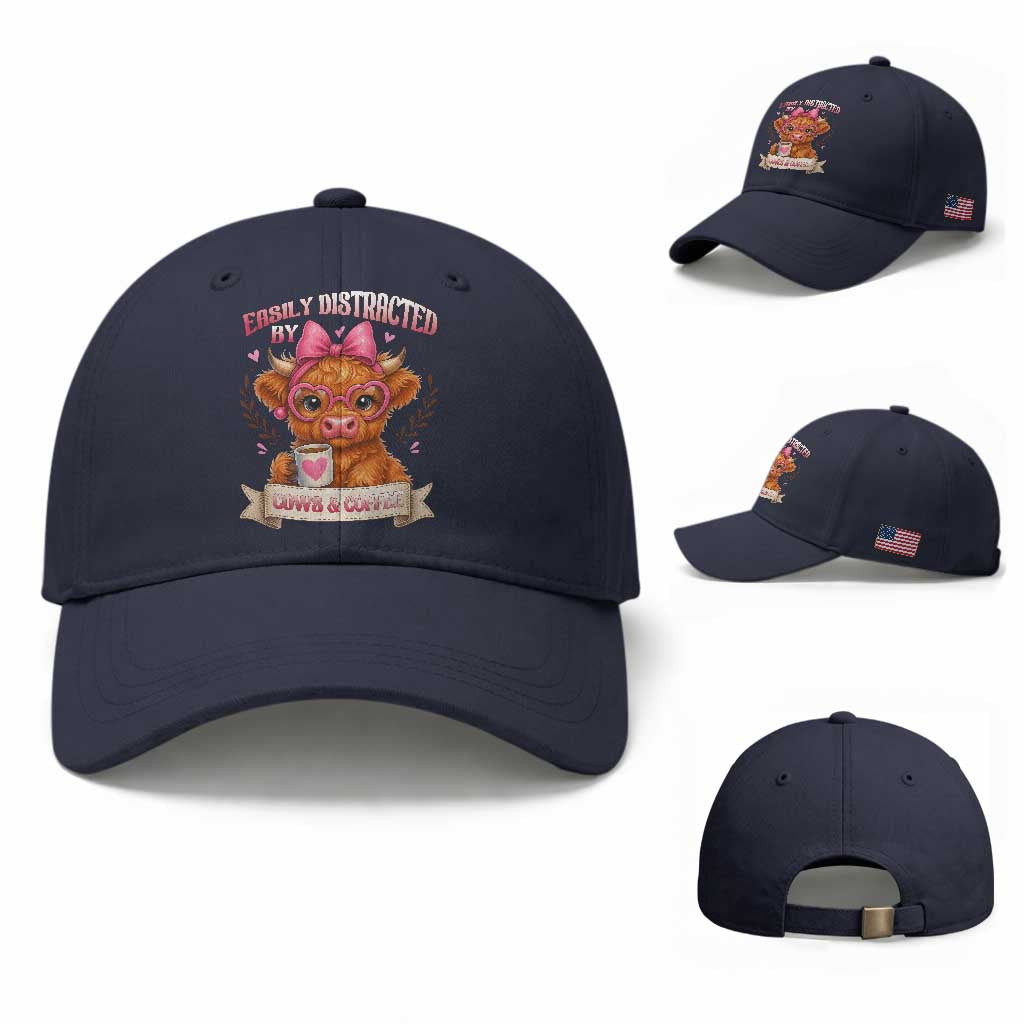 Easily Distracted By Cow And Coffee Baseball Cap Funny Highland Cow TS12 Baseball Cap Universal Fit Navy Print Your Wear