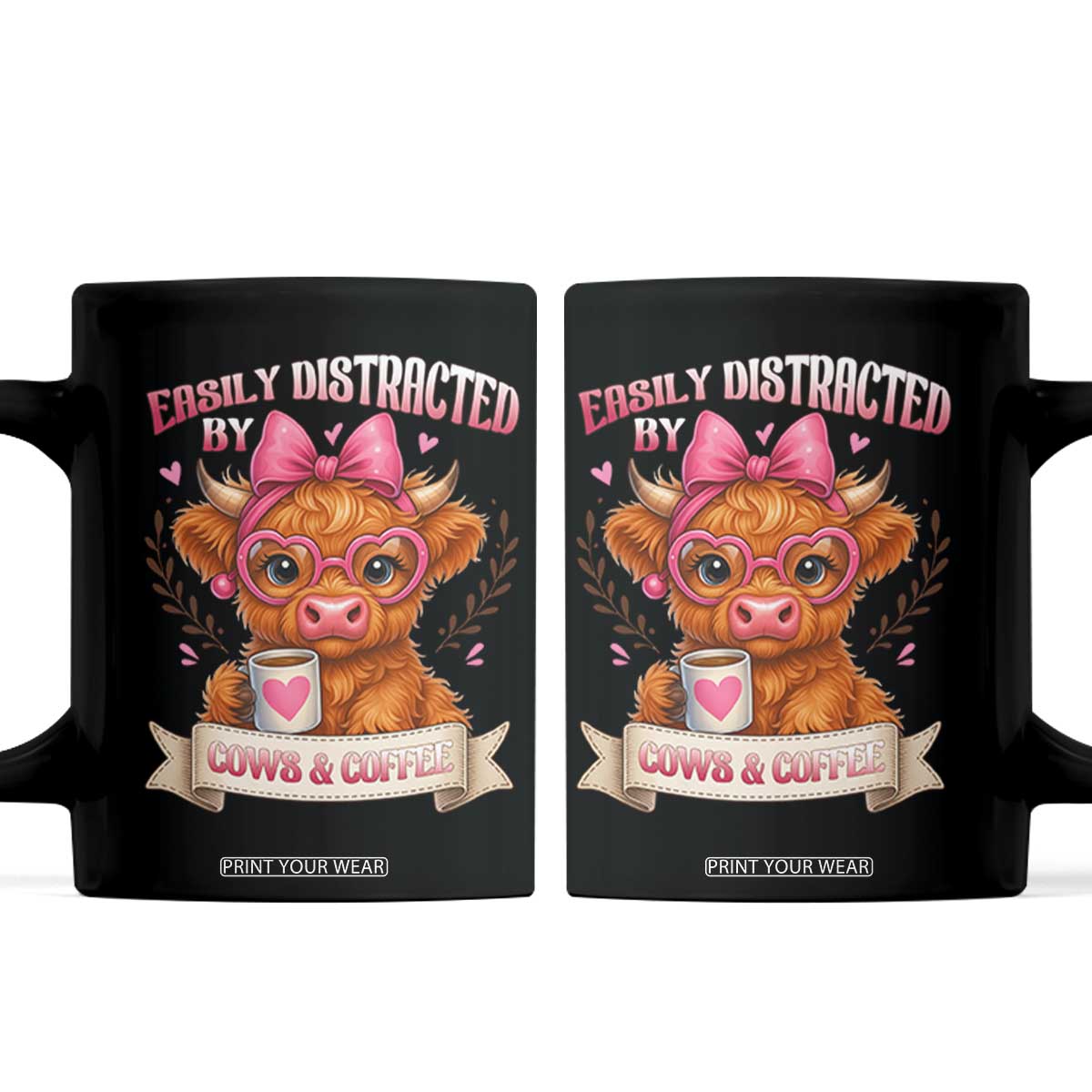 Easily Distracted By Cow And Coffee Coffee Mug Funny Highland Cow TS12 Black Print Your Wear