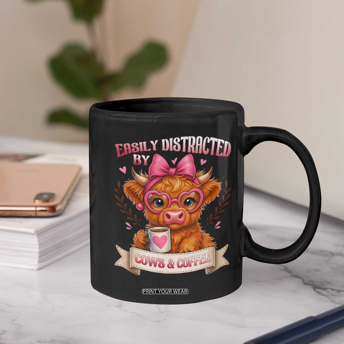 Easily Distracted By Cow And Coffee Coffee Mug Funny Highland Cow TS12 Print Your Wear