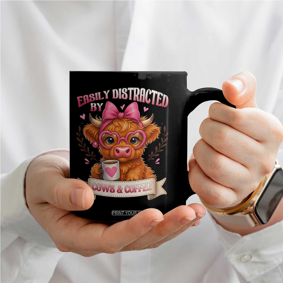 Easily Distracted By Cow And Coffee Coffee Mug Funny Highland Cow TS12 Print Your Wear