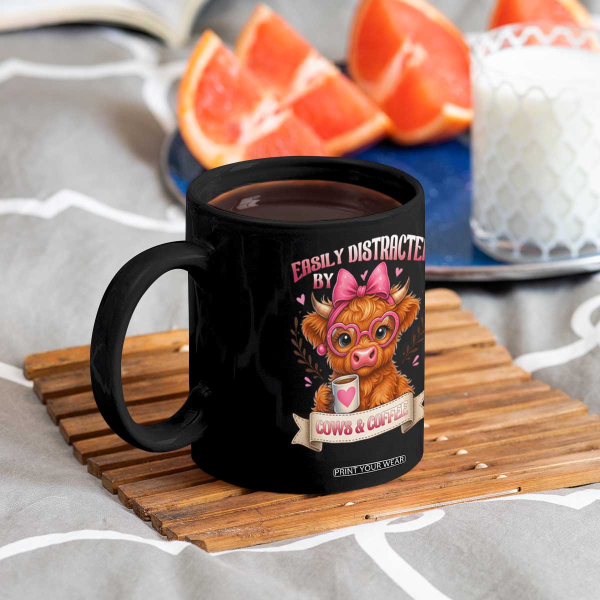 Easily Distracted By Cow And Coffee Coffee Mug Funny Highland Cow TS12 Print Your Wear