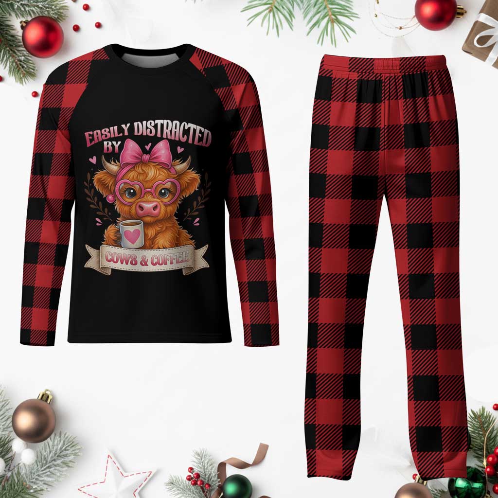 Easily Distracted By Cow And Coffee Plaid Pajama Set Funny Highland Cow TS12 Buffalo Plaid Print Your Wear