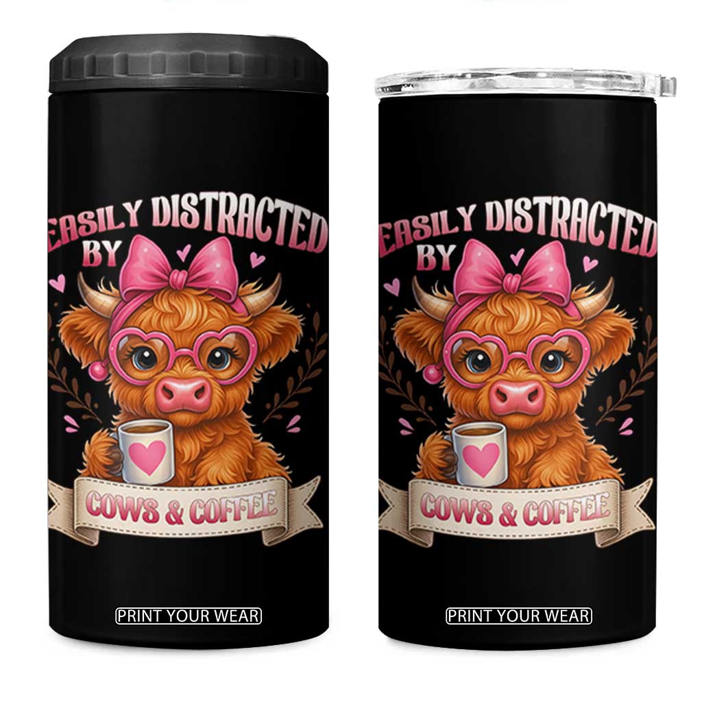 Easily Distracted By Cow And Coffee 4 in 1 Can Cooler Tumbler Funny Highland Cow TS12 One Size: 16 oz Black Print Your Wear