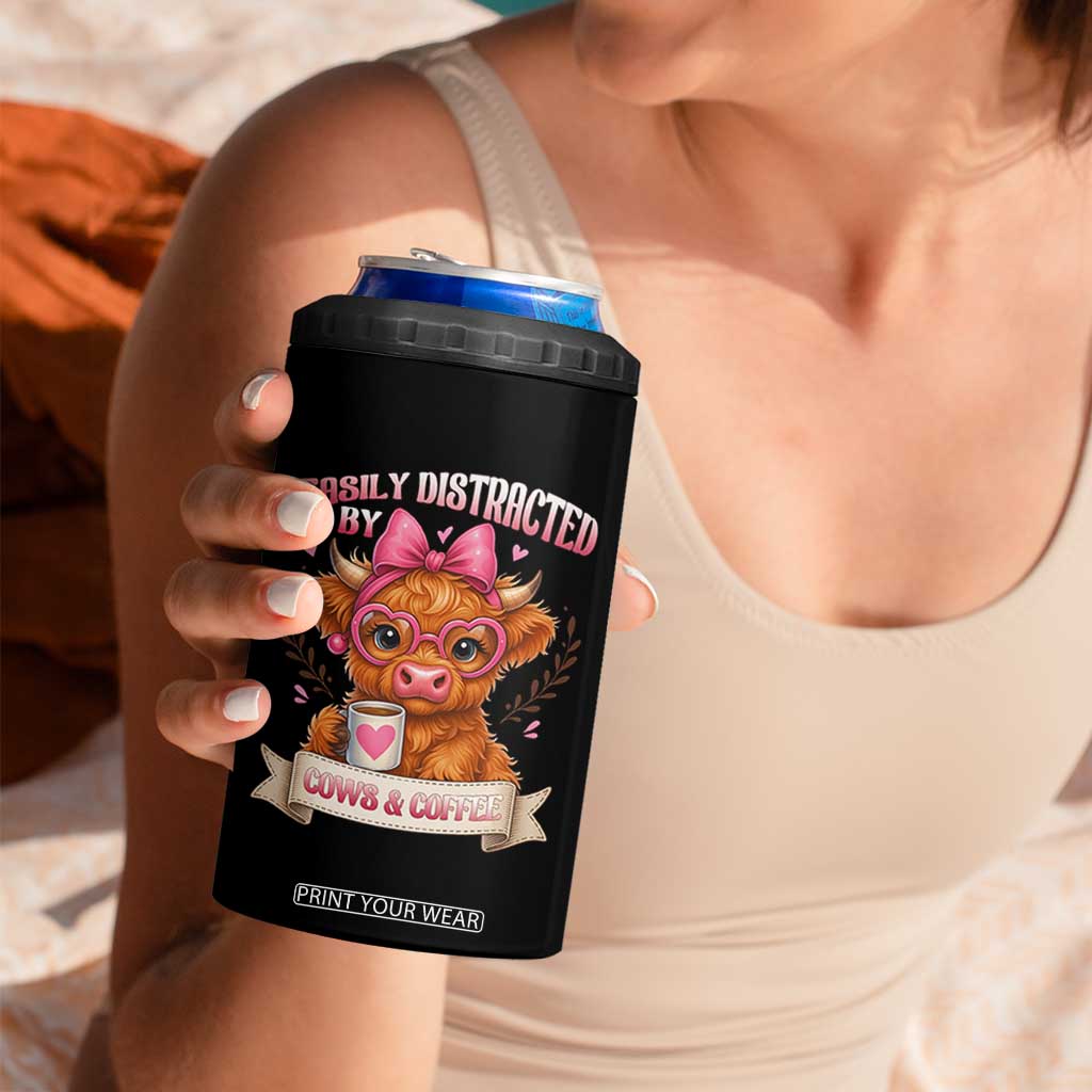 Easily Distracted By Cow And Coffee 4 in 1 Can Cooler Tumbler Funny Highland Cow TS12 Print Your Wear