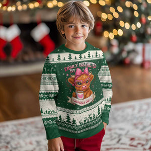 Easily Distracted By Cow And Coffee Ugly Christmas Sweater Funny Highland Cow TS12 Forest Green Beige Print Your Wear