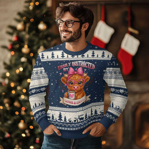 Easily Distracted By Cow And Coffee Ugly Christmas Sweater Funny Highland Cow TS12 Navy Beige Print Your Wear