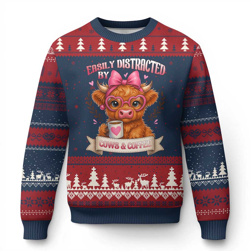 Easily Distracted By Cow And Coffee Ugly Christmas Sweater Funny Highland Cow TS12 Navy Red Print Your Wear