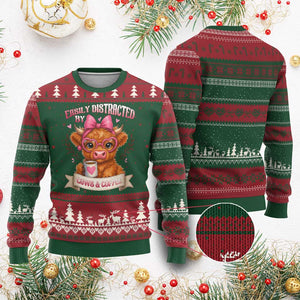 Easily Distracted By Cow And Coffee Ugly Christmas Sweater Funny Highland Cow TS12 Red Green Print Your Wear