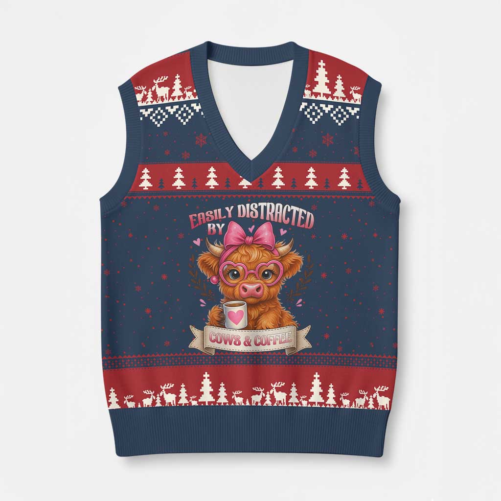 Easily Distracted By Cow And Coffee V-Neck Knit Sweater Vest Funny Highland Cow TS12 Navy Red Print Your Wear
