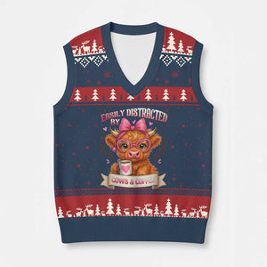 Easily Distracted By Cow And Coffee V-Neck Knit Sweater Vest Funny Highland Cow TS12 Navy Red Print Your Wear