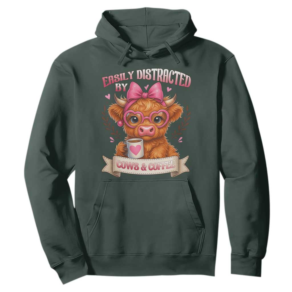 Easily Distracted By Cow And Coffee Hoodie Funny Highland Cow TS12 Dark Forest Green Print Your Wear