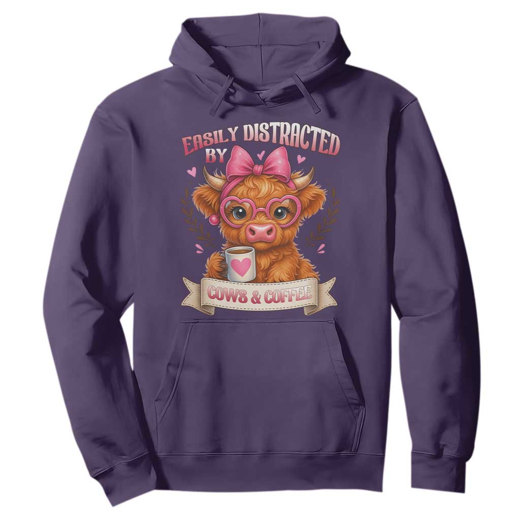 Easily Distracted By Cow And Coffee Hoodie Funny Highland Cow TS12 Purple Print Your Wear