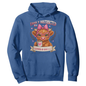 Easily Distracted By Cow And Coffee Hoodie Funny Highland Cow TS12 Royal Blue Print Your Wear