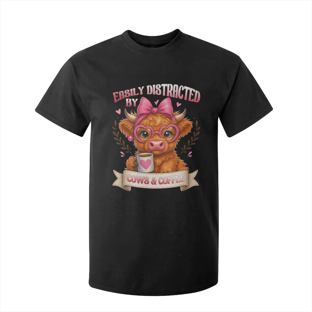 Easily Distracted By Cow And Coffee T Shirt For Kid Funny Highland Cow TS12 Black Print Your Wear