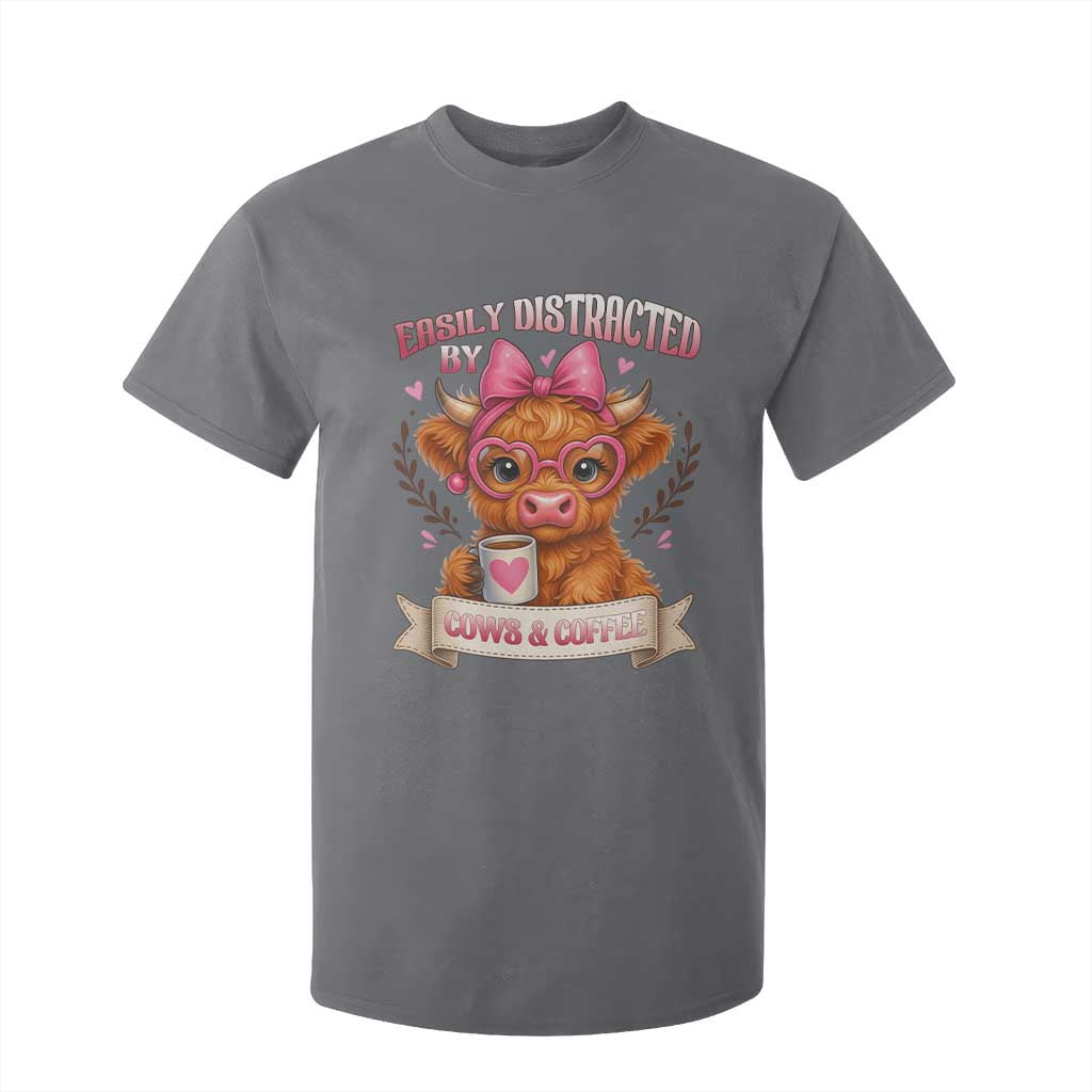 Easily Distracted By Cow And Coffee T Shirt For Kid Funny Highland Cow TS12 Charcoal Print Your Wear
