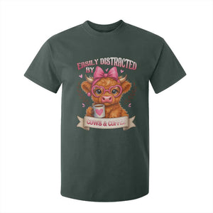 Easily Distracted By Cow And Coffee T Shirt For Kid Funny Highland Cow TS12 Dark Forest Green Print Your Wear