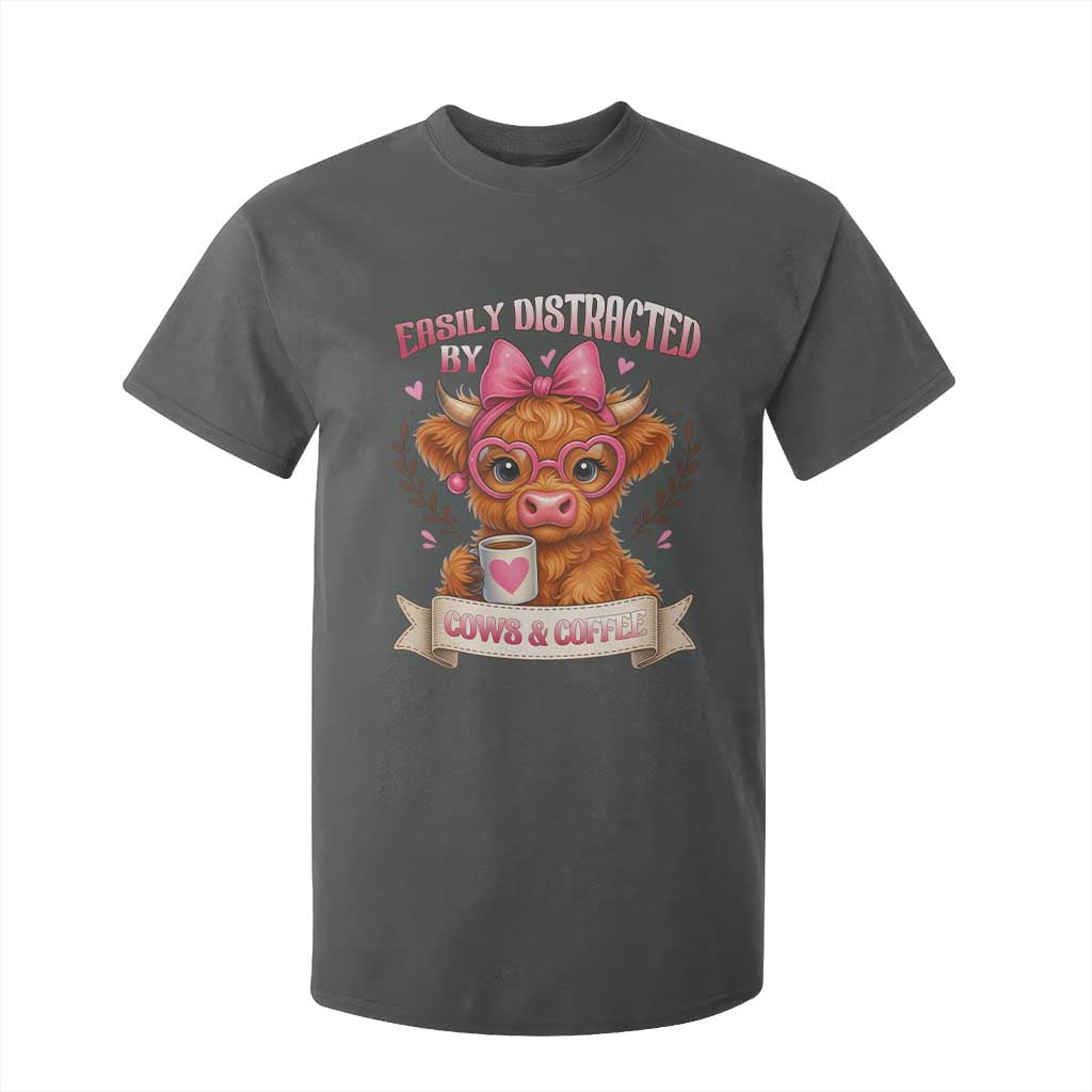 Easily Distracted By Cow And Coffee T Shirt For Kid Funny Highland Cow TS12 Dark Heather Print Your Wear