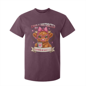 Easily Distracted By Cow And Coffee T Shirt For Kid Funny Highland Cow TS12 Maroon Print Your Wear