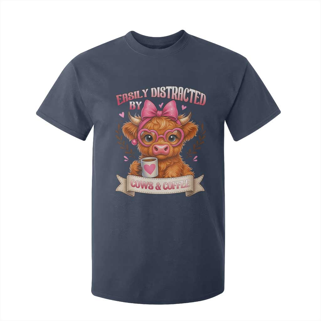 Easily Distracted By Cow And Coffee T Shirt For Kid Funny Highland Cow TS12 Navy Print Your Wear