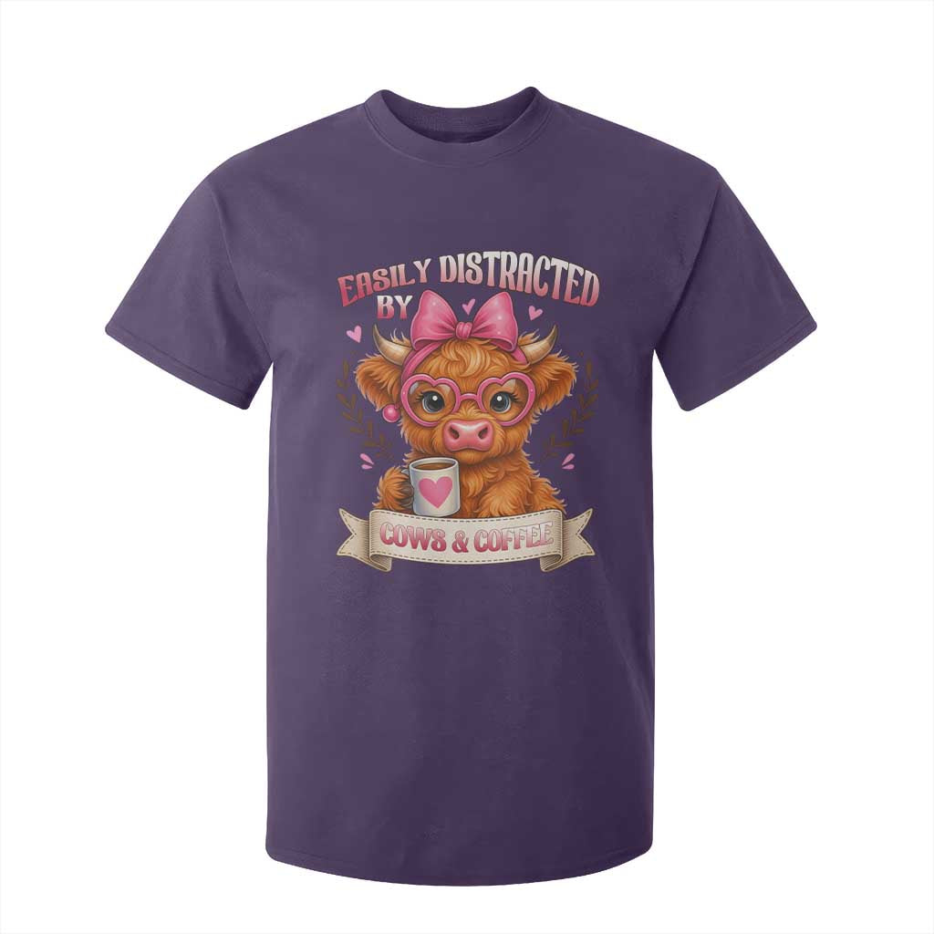 Easily Distracted By Cow And Coffee T Shirt For Kid Funny Highland Cow TS12 Purple Print Your Wear