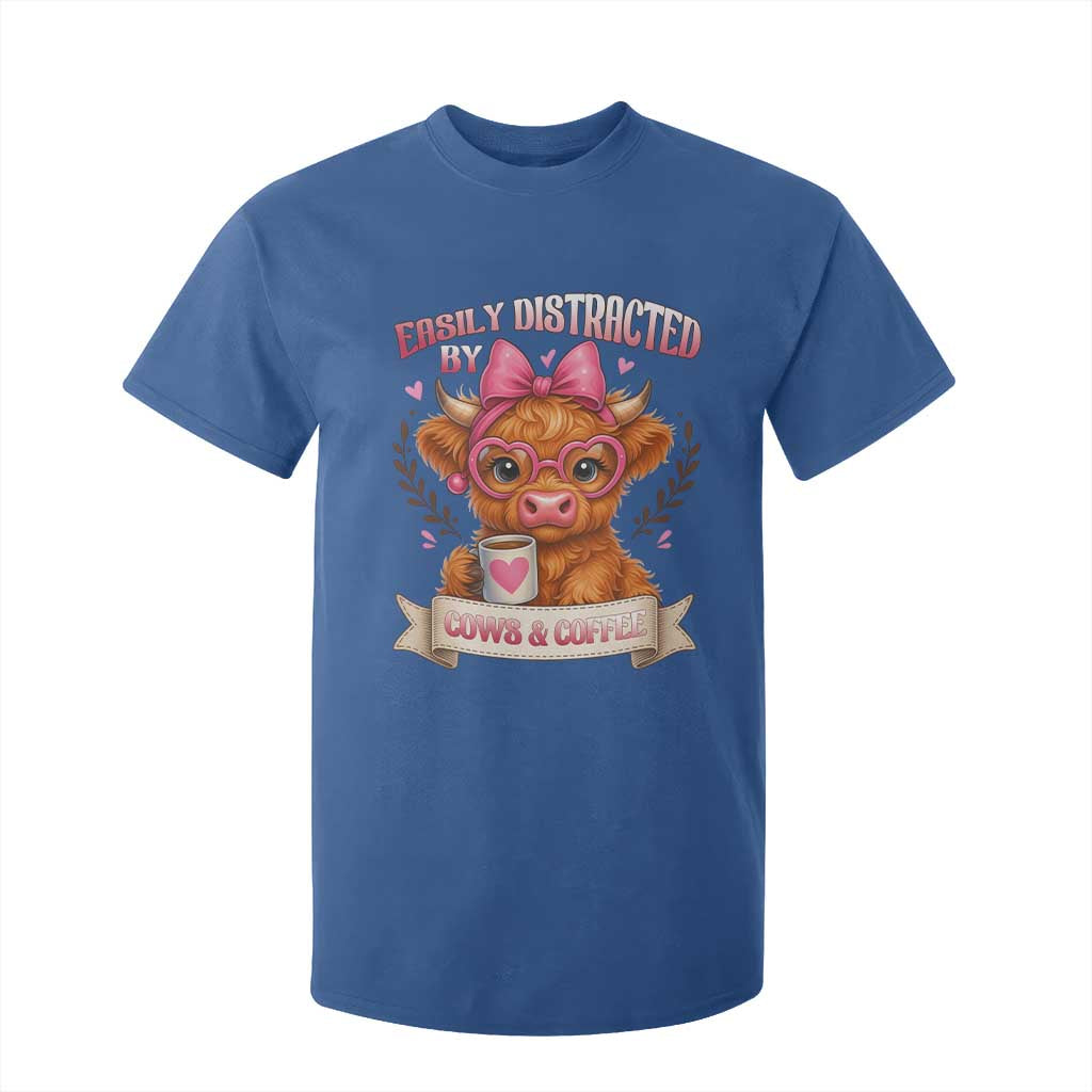 Easily Distracted By Cow And Coffee T Shirt For Kid Funny Highland Cow TS12 Royal Blue Print Your Wear